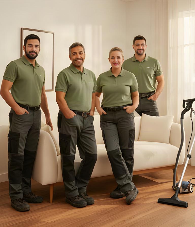 Equipo técnico de Nueva Limpieza con uniformes de trabajo junto a un sofá en Lucena